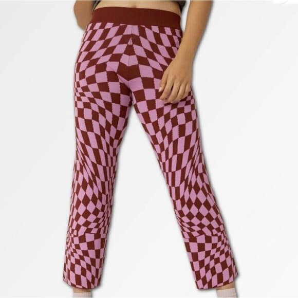 Daydreamer Free People Women’s XS Pink Wave Retro Checkered Boho Ankle Pants NWT - Picture 2 of 6